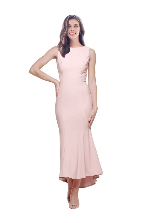 Midi Length Sleeveless Stretch Crepe Pink Sheath High Low Evening Gown / Prom Dress / Bridesmaid Dress Colchester