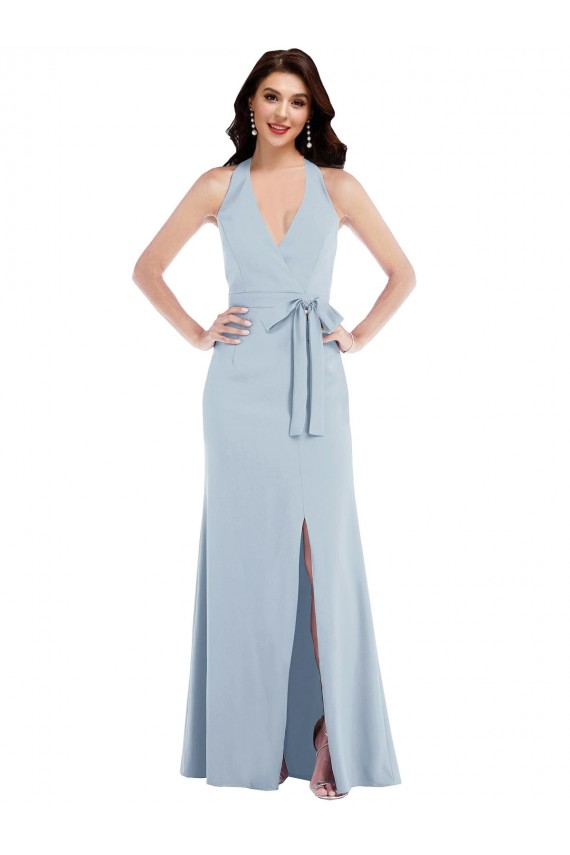 Long Sleeveless Stretch Crepe Light Sky Blue Halter Neck A-Line Formal Evening Gown / Prom Dress / Bridesmaid Dress Colchester