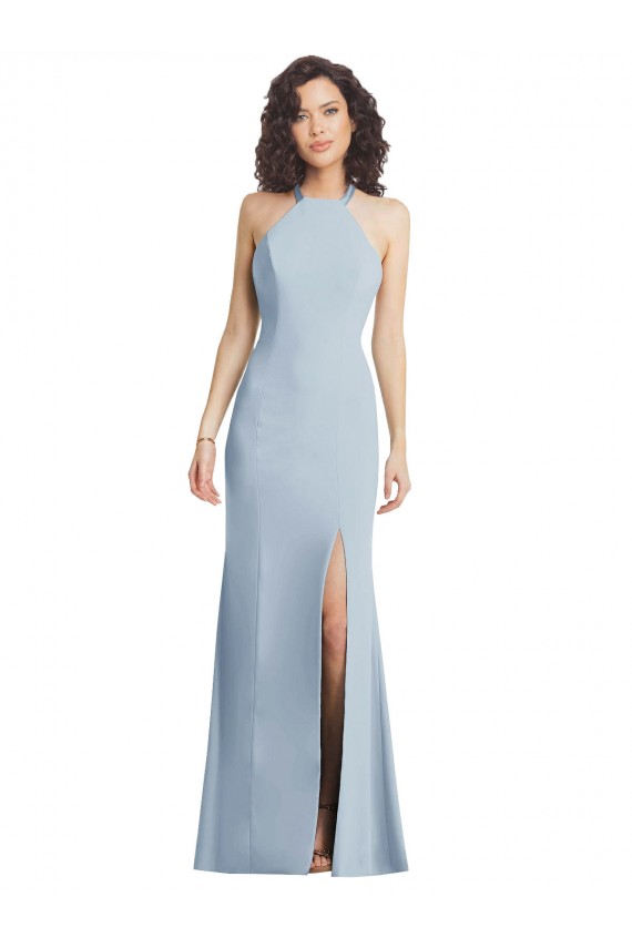 Long Sleeveless Stretch Crepe Light Sky Blue Halter Neck Trumpet Formal Evening Gown / Prom Dress / Bridesmaid Dress Colchester