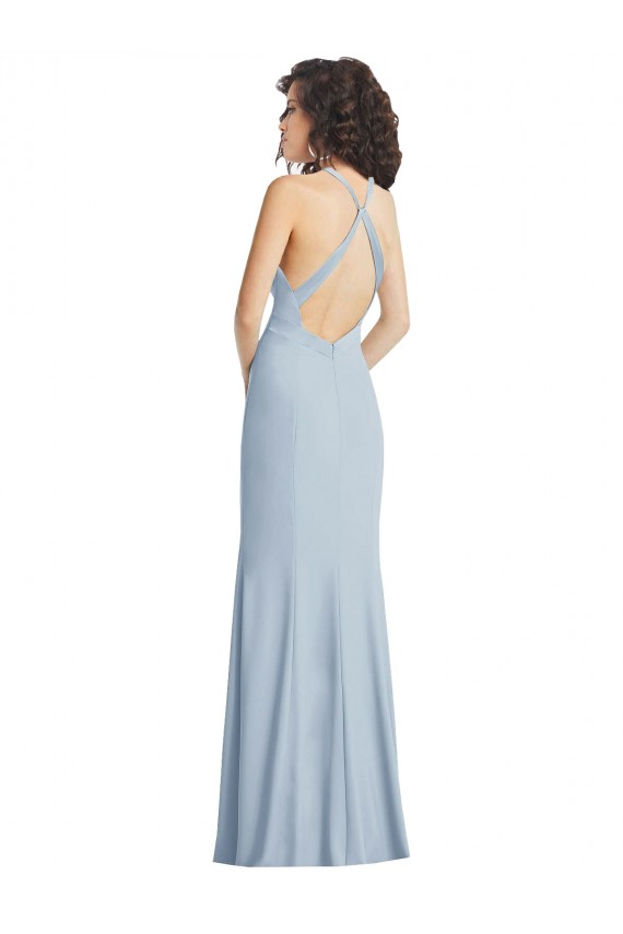 Long Sleeveless Stretch Crepe Light Sky Blue Halter Neck Trumpet Formal Evening Gown / Prom Dress / Bridesmaid Dress Colchester