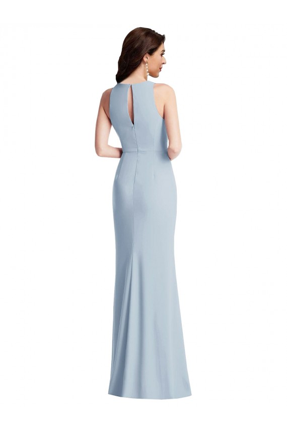 Long Sleeveless Stretch Crepe Light Sky Blue Halter Neck Trumpet Formal Dress / Bridesmaid Dress Colchester