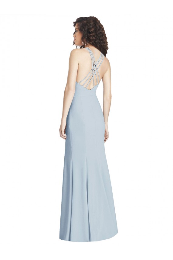 Long Sleeveless Stretch Crepe Light Sky Blue Halter Neck Trumpet Evening Dress / Bridesmaid Dress Colchester
