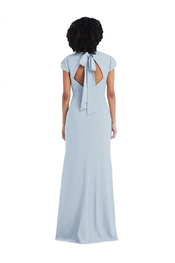 Long Cap Sleeves Stretch Crepe Light Sky Blue Trumpet Semi Formal Evening Dress / Bridesmaid Dress Colchester