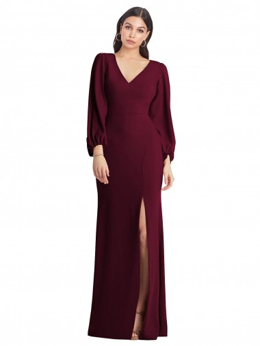 Long Puff Sleeves Stretch Crepe Burgundy Gold Trumpet Semi Formal Evening Dress / Prom Dress / Bridesmaid Dress Colchester