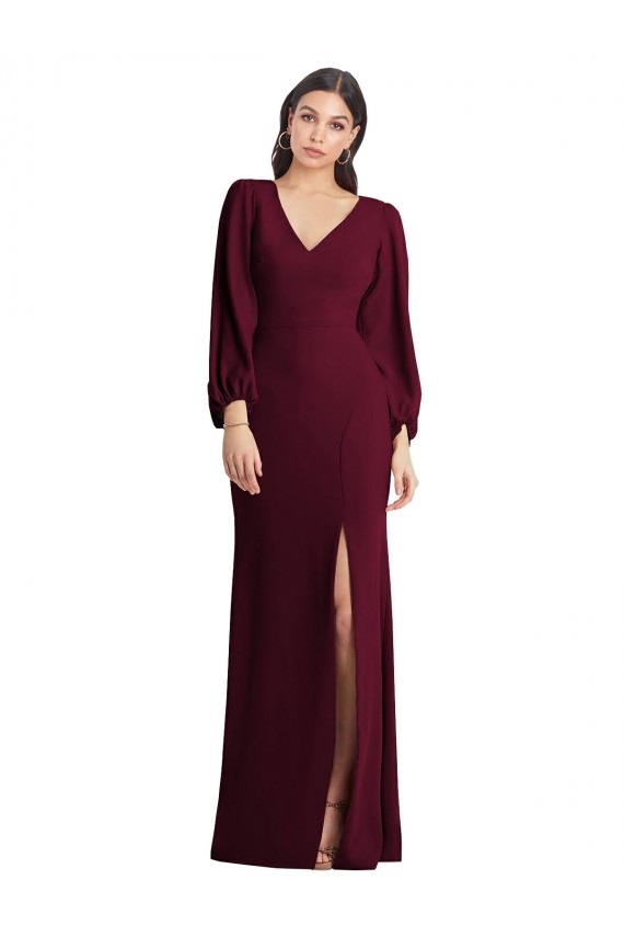 Long Puff Sleeves Stretch Crepe Burgundy Gold Trumpet Semi Formal Evening Dress / Prom Dress / Bridesmaid Dress Colchester
