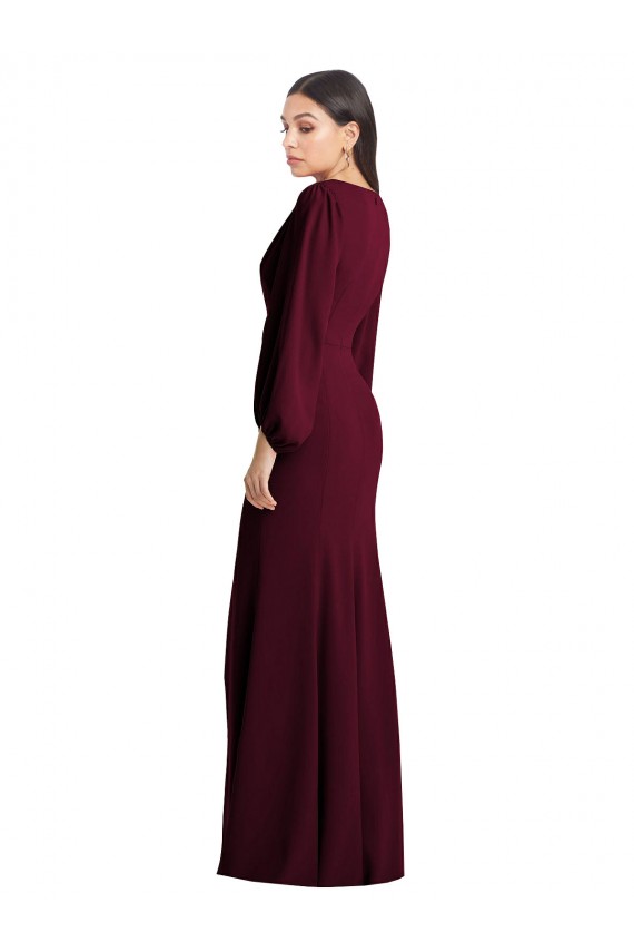 Long Puff Sleeves Stretch Crepe Burgundy Gold Trumpet Semi Formal Evening Dress / Prom Dress / Bridesmaid Dress Colchester