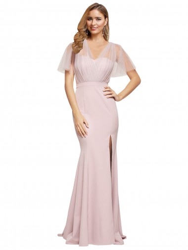 Short Sleeves Long Stretch Crepe & Tulle Mauve Sheath Formal Evening Gown / Prom Dress / Bridesmaid Dress Colchester
