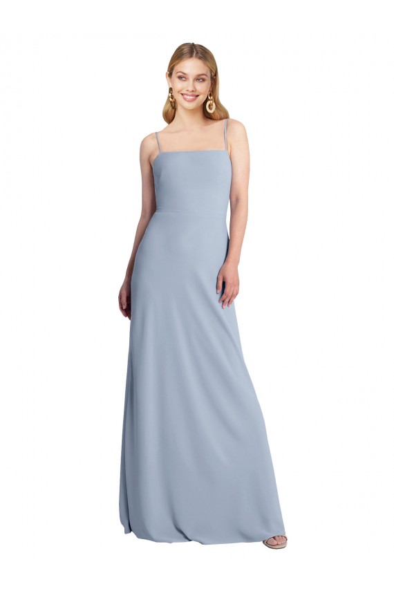 Long Sleeveless Stretch Crepe Smoke Blue Square Neck A-Line Prom Dress / Bridesmaid Dress Colchester