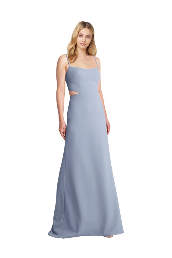 Long Sleeveless Stretch Crepe Smoke Blue A-Line Prom Dress / Bridesmaid Dress Colchester