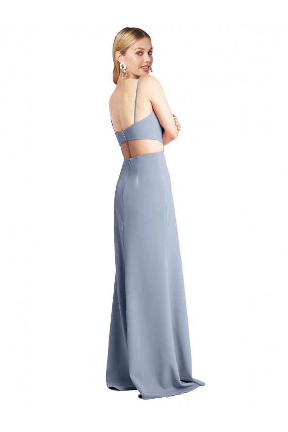 Long Sleeveless Stretch Crepe Smoke Blue A-Line Prom Dress / Bridesmaid Dress Colchester