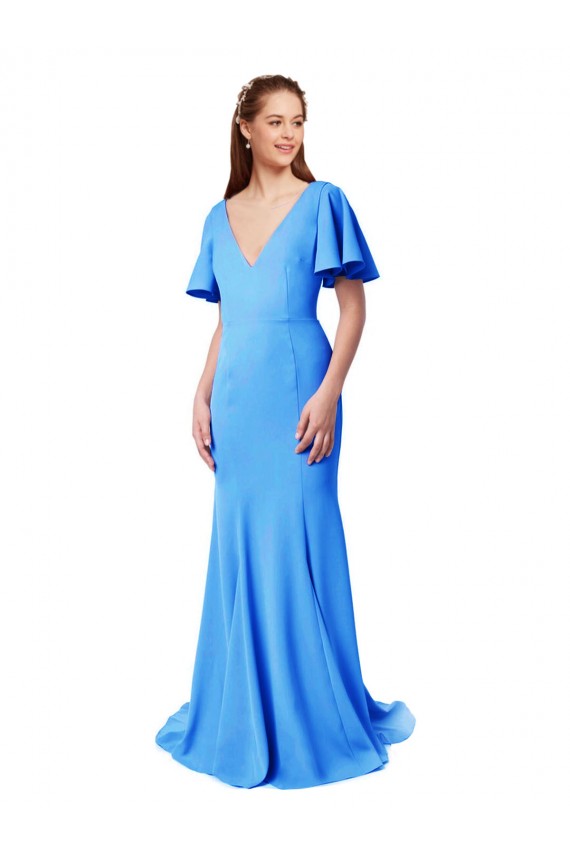 Sweep Train Short Sleeves Stretch Crepe Peacock Blue Mermaid, Sheath Prom Dress / Bridesmaid Dress Colchester