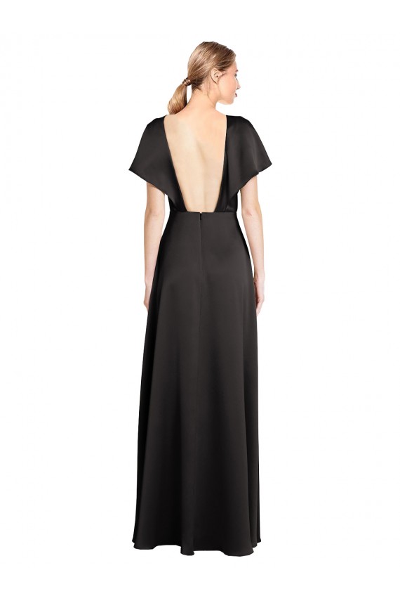Long Cap Sleeves Stretch Satin Black A-Line Bridesmaid Dress / Evening Dress Colchester