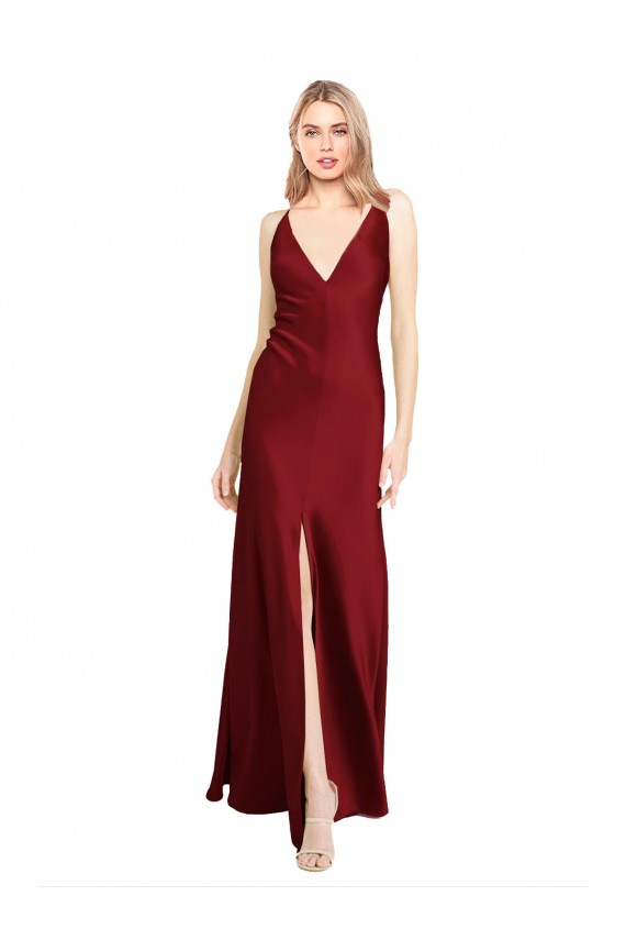 Long Sleeveless Stretch Satin Burgundy V-Neck A-Line Black Tie Evening Gown / Prom Dress / Bridesmaid Dress Colchester