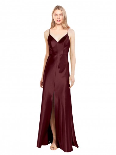 Long Sleeveless Stretch Satin Burgundy Gold A-Line Bridesmaid Dress / Evening Dress Colchester