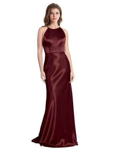 Long Sleeveless Stretch Satin Burgundy Gold A-Line Formal Evening Gown / Prom Dress / Bridesmaid Dress Colchester