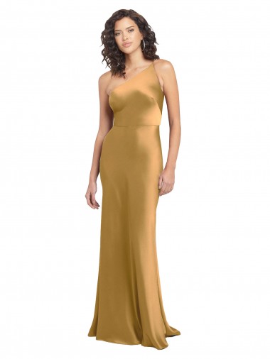 Long Sleeveless Stretch Satin Gold A-Line Formal Evening Gown / Prom Dress / Bridesmaid Dress Colchester