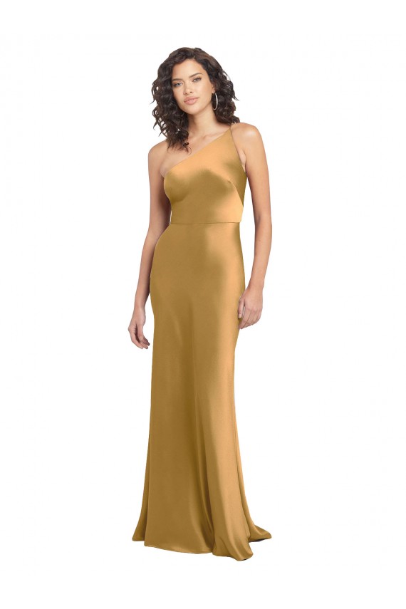 Long Sleeveless Stretch Satin Gold A-Line Formal Evening Gown / Prom Dress / Bridesmaid Dress Colchester