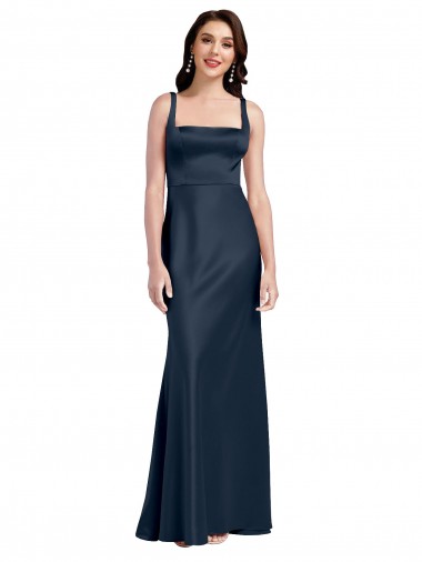 Long Sleeveless Stretch Satin Dark Navy Square Neck A-Line Formal Evening Gown / Prom Dress / Bridesmaid Dress Colchester