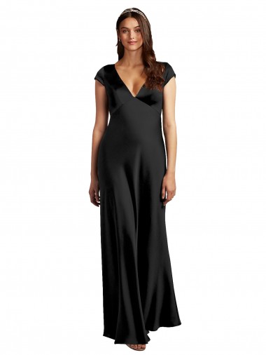 Long Cap Sleeves Stretch Satin Black A-Line Formal Evening Gown / Prom Dress / Bridesmaid Dress Colchester