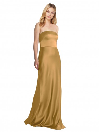 Long Sleeveless Stretch Satin Gold Strapless A-Line Formal Evening Gown / Prom Dress / Bridesmaid Dress Colchester