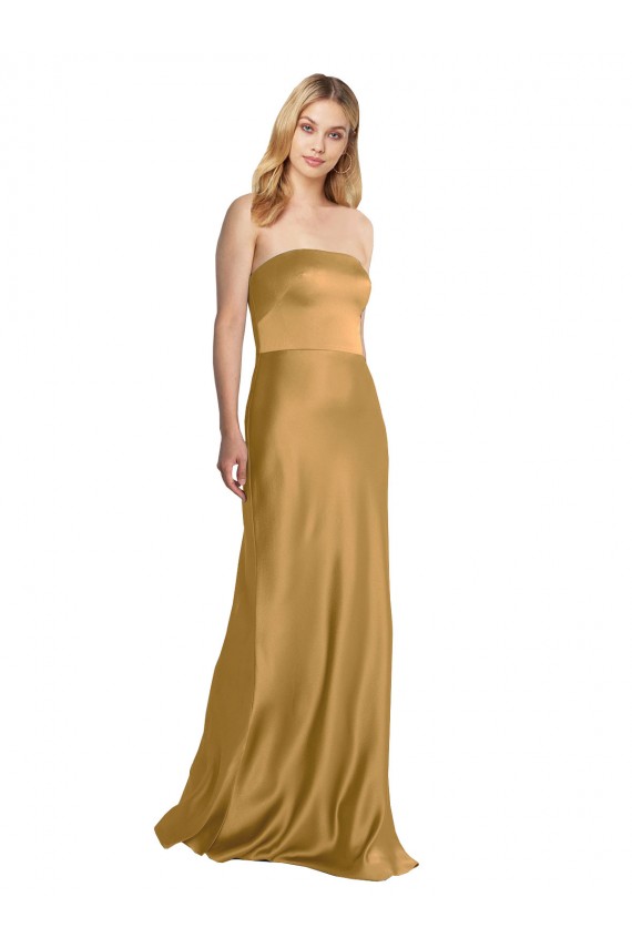 Long Sleeveless Stretch Satin Gold Strapless A-Line Formal Evening Gown / Prom Dress / Bridesmaid Dress Colchester