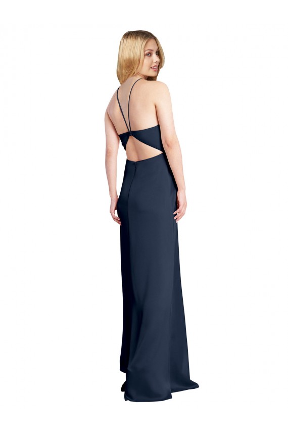 Long Sleeveless Stretch Satin Dark Navy Halter Neck A-Line Formal Evening Gown / Prom Dress / Bridesmaid Dress Colchester
