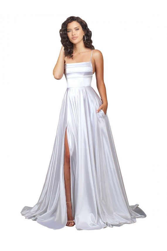 Long Sleeveless Stretch Satin White A-Line Beach Wedding Dress Colchester