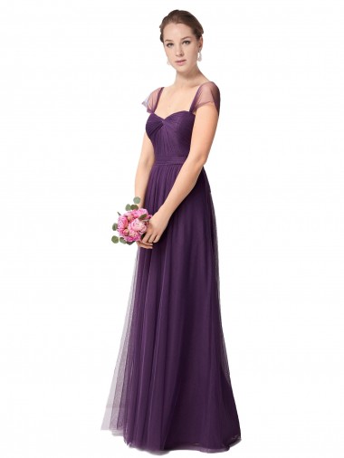 Long Cap Sleeves Tulle Plum Purple A-Line Bridesmaid Dress Colchester