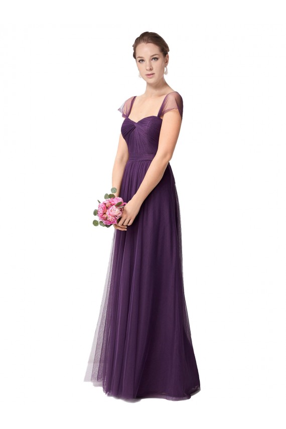 Long Cap Sleeves Tulle Plum Purple A-Line Bridesmaid Dress Colchester