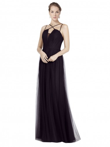 Long Sleeveless Tulle Black Spaghetti Straps A-Line Bridesmaid Gown Colchester