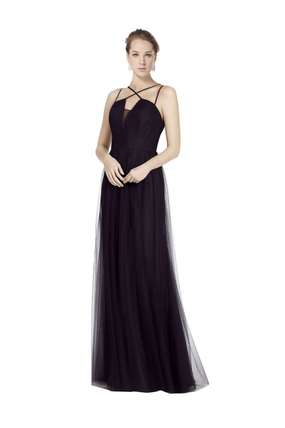 Long Sleeveless Tulle Black Spaghetti Straps A-Line Bridesmaid Gown Colchester