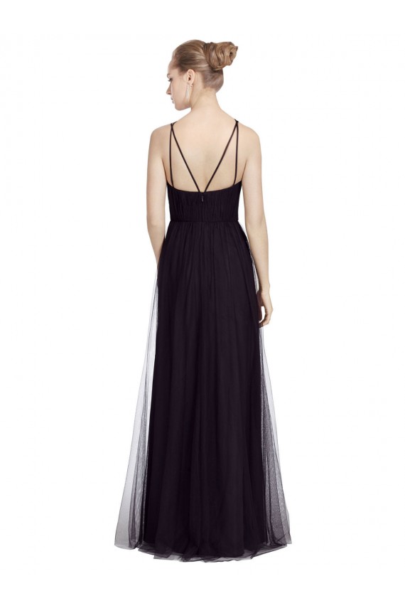 Long Sleeveless Tulle Black Spaghetti Straps A-Line Bridesmaid Gown Colchester