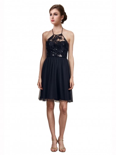 Knee Length Sleeveless Tulle Black A-Line Bridesmaid Gown Colchester