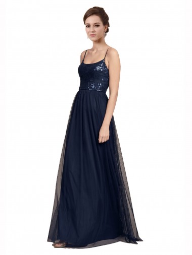 Long Sleeveless Tulle & Lace Dark Navy A-Line Bridesmaid Dress Colchester