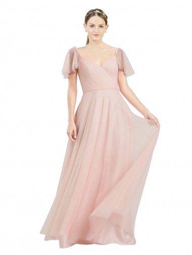 Long Flutter Sleeves Tulle Pink A-Line Formal Dress / Bridesmaid Dress Colchester