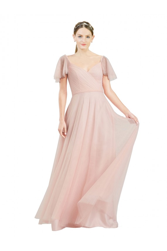 Long Flutter Sleeves Tulle Pink A-Line Formal Dress / Bridesmaid Dress Colchester