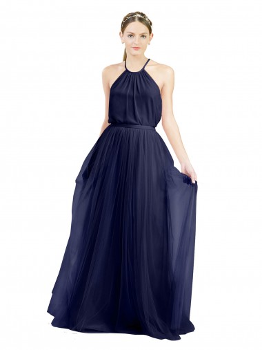 Long Sleeveless Tulle Navy Blue A-Line Semi Formal Evening Dress / Bridesmaid Dress Colchester