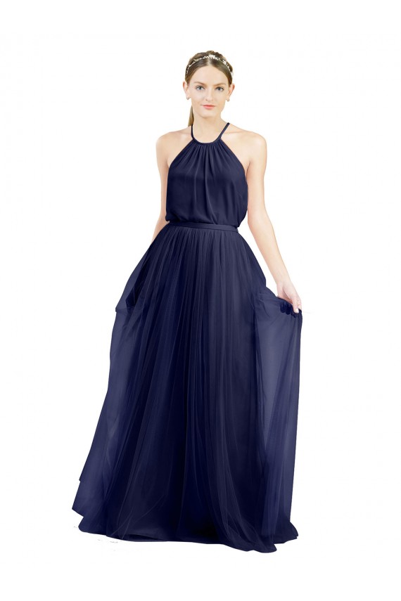 Long Sleeveless Tulle Navy Blue A-Line Semi Formal Evening Dress / Bridesmaid Dress Colchester