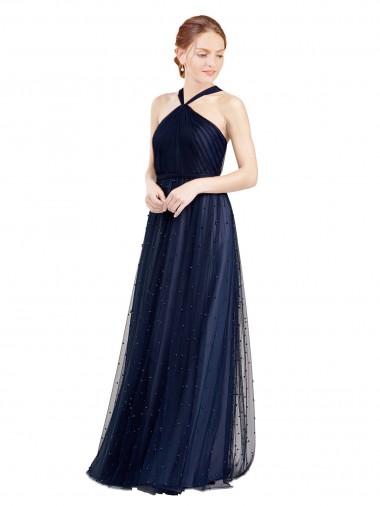 Long Sleeveless Tulle Navy Blue A-Line Bridesmaid Dress / Evening Dress Colchester