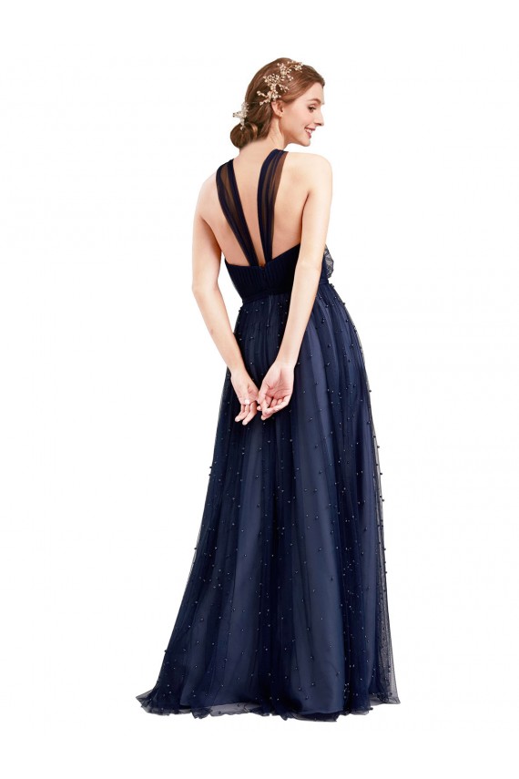 Long Sleeveless Tulle Navy Blue A-Line Bridesmaid Dress / Evening Dress Colchester