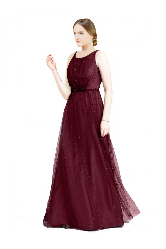 Long Sleeveless Tulle Burgundy Boat Neck A-Line Semi Formal Evening Dress / Bridesmaid Dress Colchester