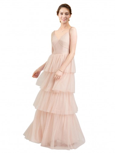 Long Sleeveless Tulle Pink V-Neck A-Line Semi Formal Evening Dress / Bridesmaid Dress Colchester