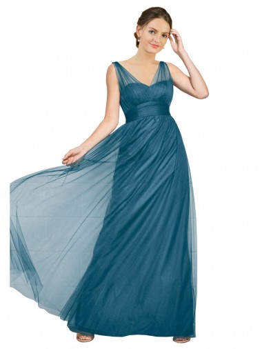 Long Sleeveless Tulle Teal Green V-Neck A-Line Bridesmaid Dress Colchester