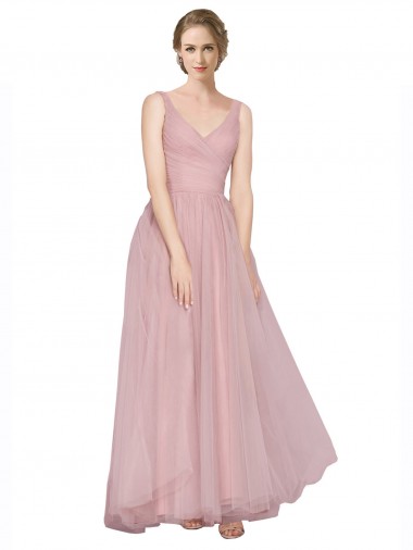Long Sleeveless Tulle Pink V-Neck A-Line Bridesmaid Dress Colchester