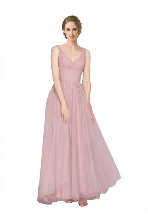 Long Sleeveless Tulle Pink V-Neck A-Line Bridesmaid Dress Colchester