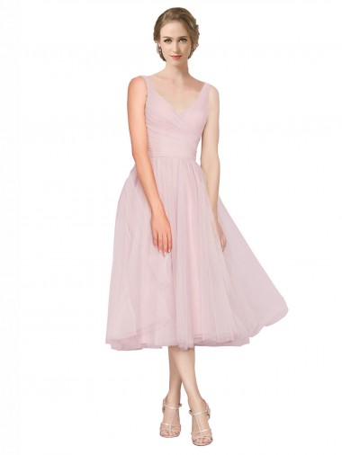 Tea Length Sleeveless Tulle Pink A-Line Bridesmaid Dress Colchester