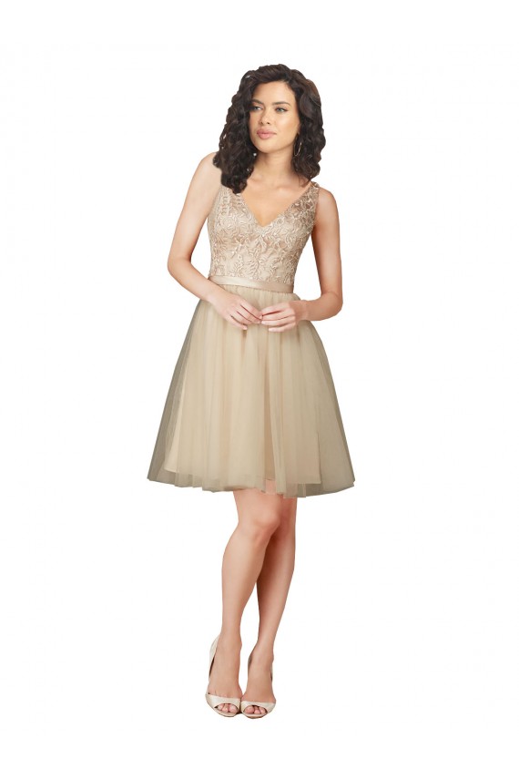 Knee Length Sleeveless Tulle & Lace Champagne A-Line Bridesmaid Dress Colchester