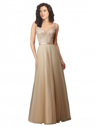 Long Sleeveless Tulle & Lace Champagne A-Line Bridesmaid Dress Colchester