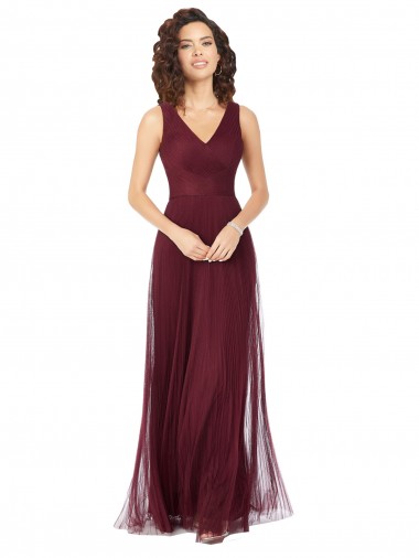 Long Sleeveless Tulle Burgundy Gold A-Line Bridesmaid Dress Colchester