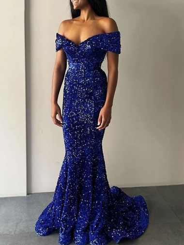Sweep Train Sleeveless Velvet Sequin Royal Blue Mermaid Prom Dresses Colchester